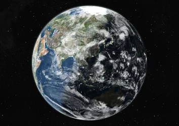 Globus zentriert auf Asien und Ozeanien, Satellitenbild in Echtfarben